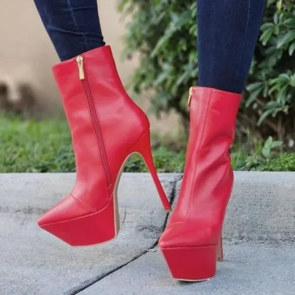 Red Pointy Toe Heel Boots for Women Side Zipper Pull On Style - Picture 1 of 6